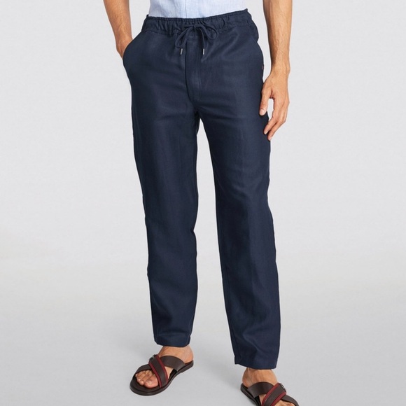 Derek Rose Sydney Linen Pants Straight Leg Men’s L Navy Blue Coastal Summer - Picture 1 of 17